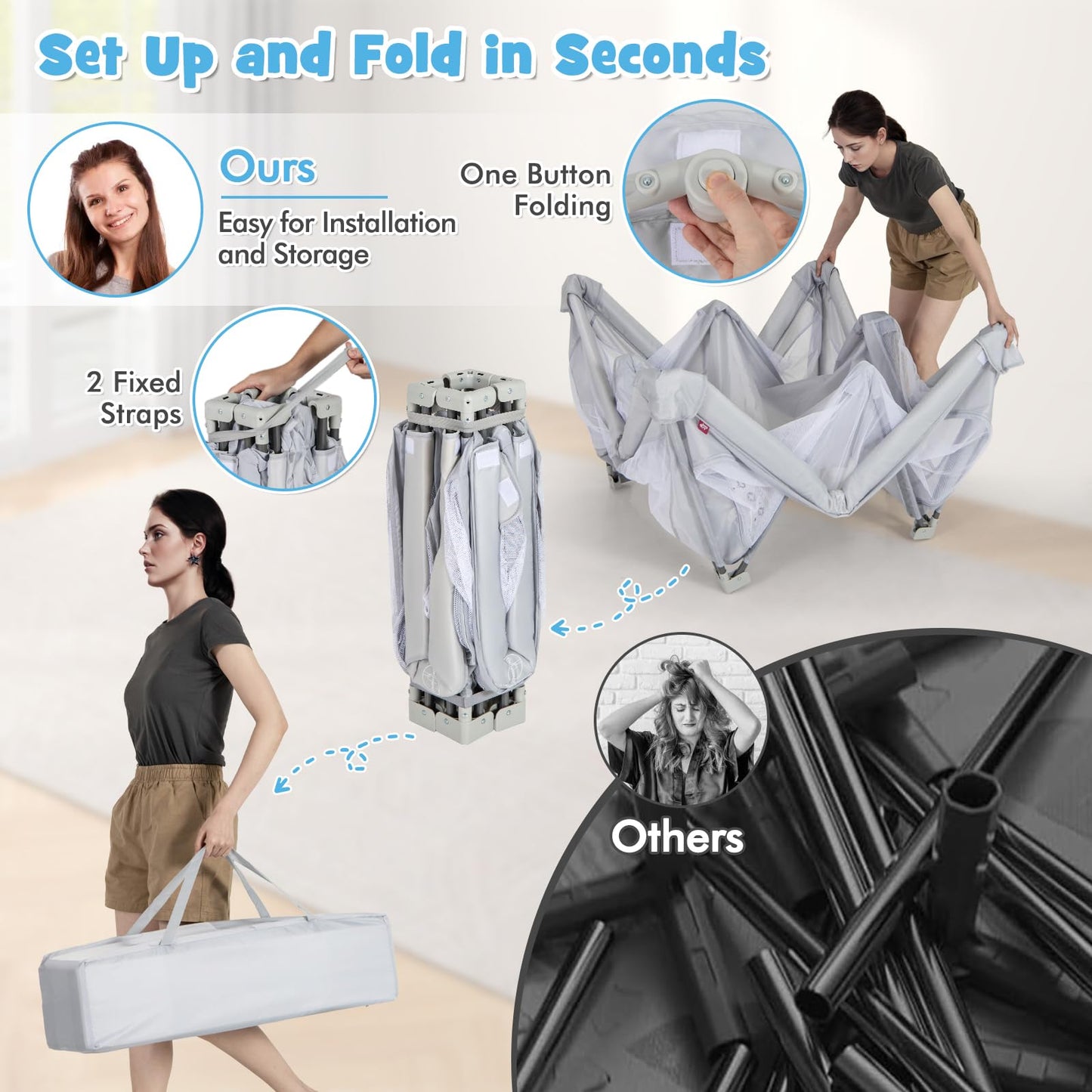 Costzon Foldable Playpen For Babies, 59''X59'' Portable Baby Playpen With 50 Pcs Ocean Balls, 4 Handles, Carry Bag, Visible Mesh