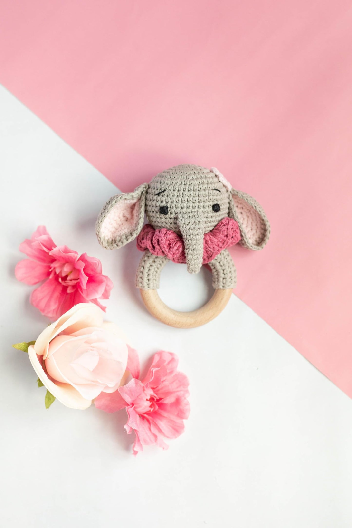 Wooden Baby Rattle - Elephant Handcrafted Newborn Toys 0-6 Months - Organic Crochet Stuffed Animal Sensory Toy for Girls & Boys