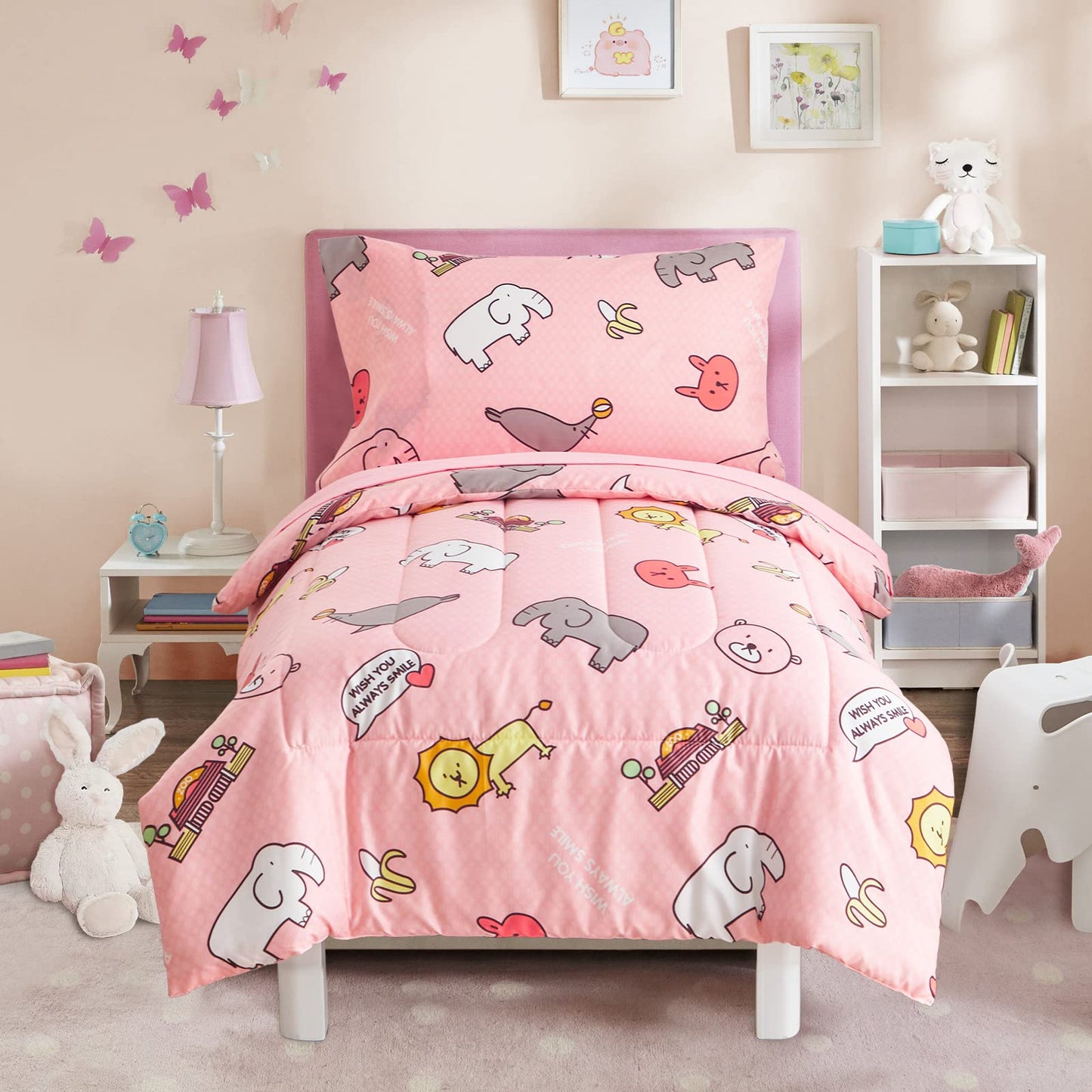 Flysheep 4 Pieces Pink Toddler Bedding Set, Elephant Lion Animals Printed For Baby Girls - Includes Quilted Comforter, Flat Shee