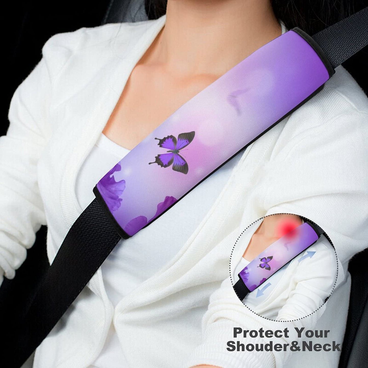 Bagea-Ka 2 Pack Car Seat Belt Pad Cover Butterfly On Purple Flowers Pattern For Adults Kids, Universal Soft Safety Belt Shoulder