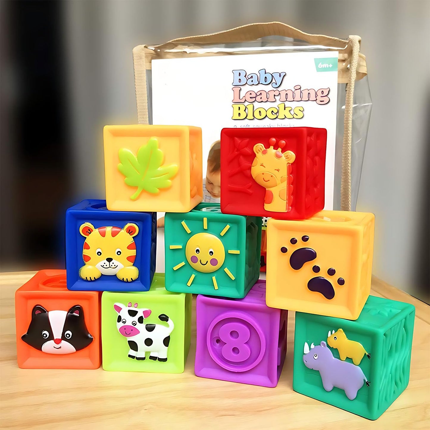 Kingtree Baby Blocks, 9PCS Soft Squeeze Building Blocks Stacking Toys for 6+ Months Babies, Baby Teething Chewing Educational Bl