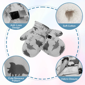 Fynnsure Toddler Mittens Baby Waterproof Snow Gloves Kids Ski Snow Gloves Cold Weather Mittens For Boys Girls Gray Dinosaur 1-2