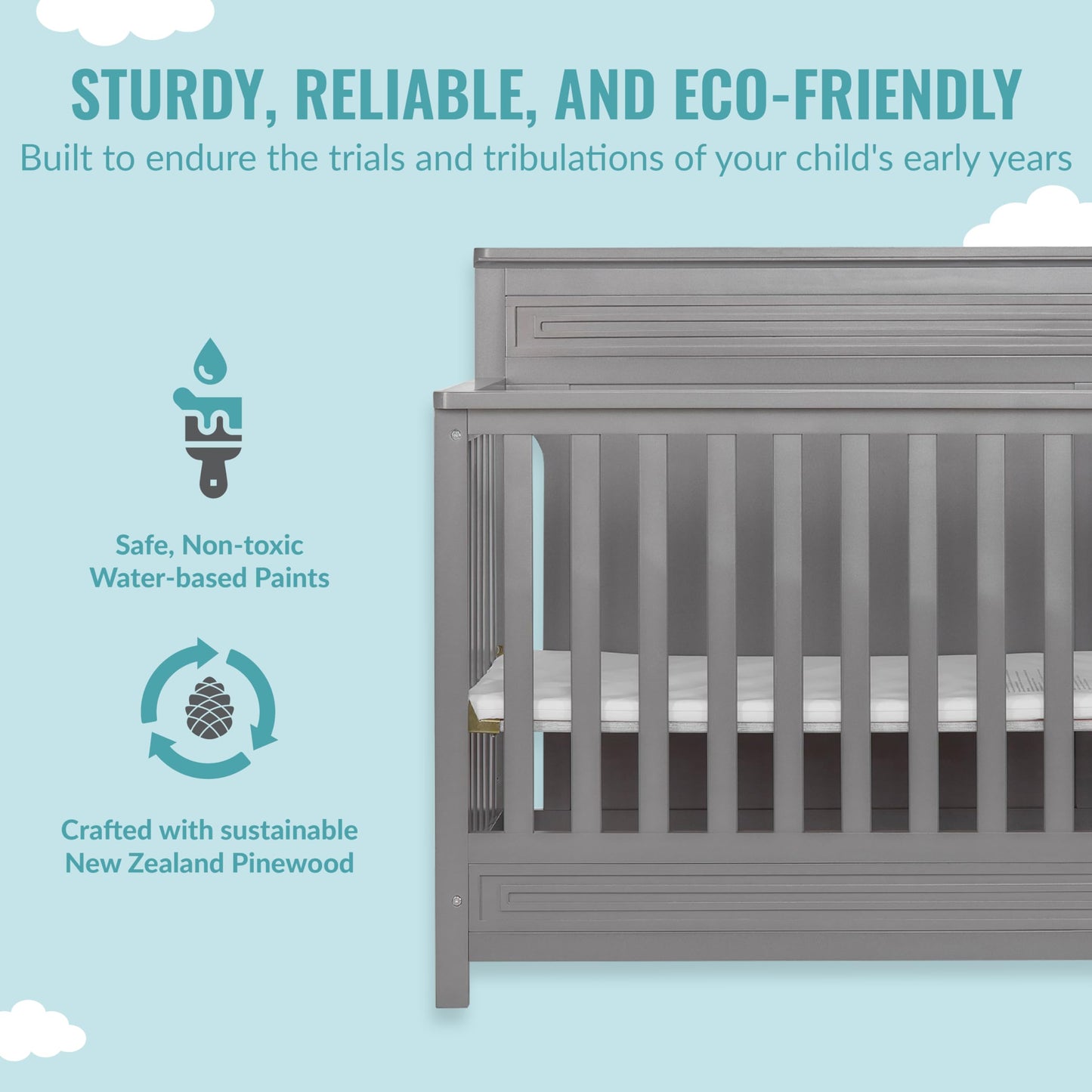 Dream On Me Harbor Full Panel 4-In-1 Convertible Mini Crib In Steel Grey, Water-Based Paint Finish, Jpma Certified, 3-Position M