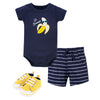 Hudson Baby Unisex Baby Cotton Bodysuit, Shorts And Shoe Set, Go Bananas, 9-12 Months