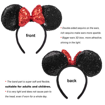 Chuangqi 1Pcs Mouse Ears Shiny Headband With 3D Bow, Double-Sided Sequin Hair Band For Birthday Party Or Amusement Park (3D Red