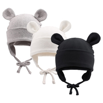 Jangannsa Bear Cotton Newborn Hat Ear Flap Baby Hospital Cap New Born Warm Beanie For Boys Girls Autumn Winter(White+Gray+Black,