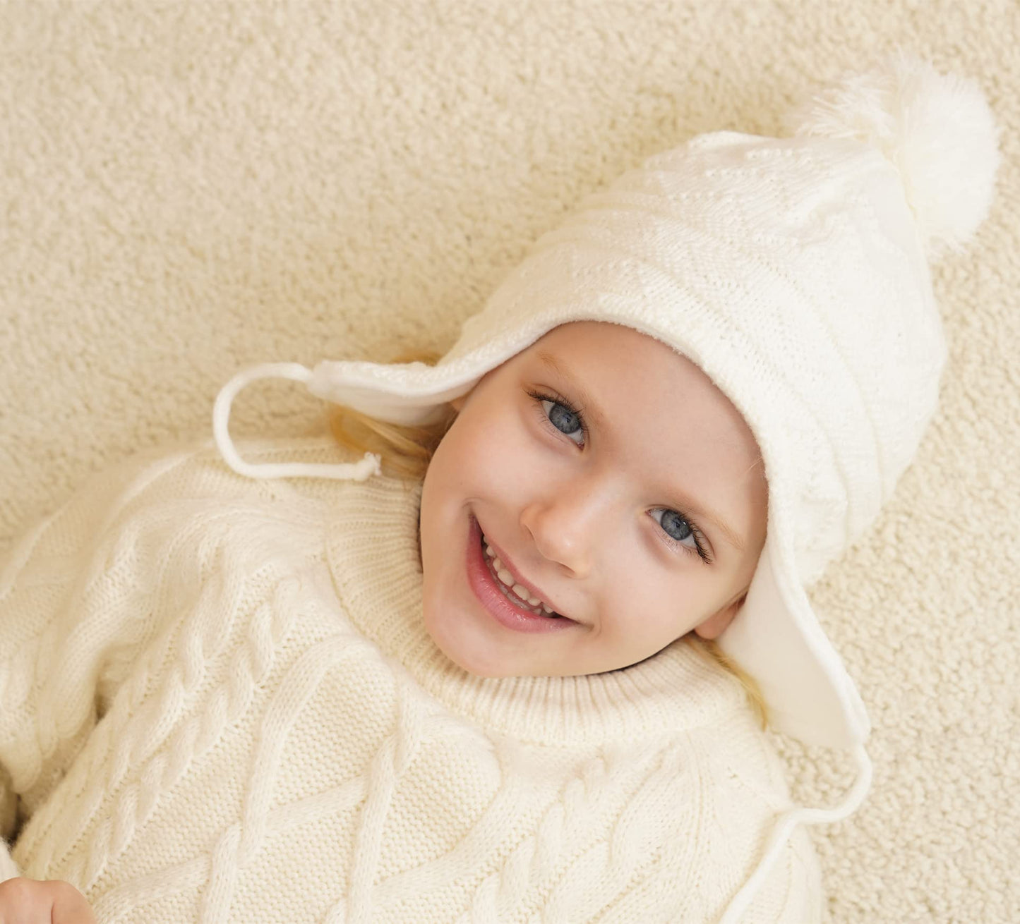 Connectyle Toddler Boys Beanies With Ear Flaps Kids Pompom Beanie Hat Fleece Lined Knit Winter Skull Caps M White
