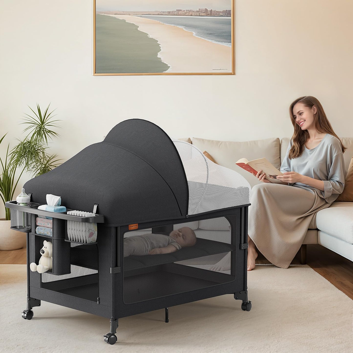 Tinyglow 4 In 1 Baby Bassinet, Pack And Play, Bedside Crib Sleeper, Diaper Changer, Quickly Assembled And Folded Portable Crib W