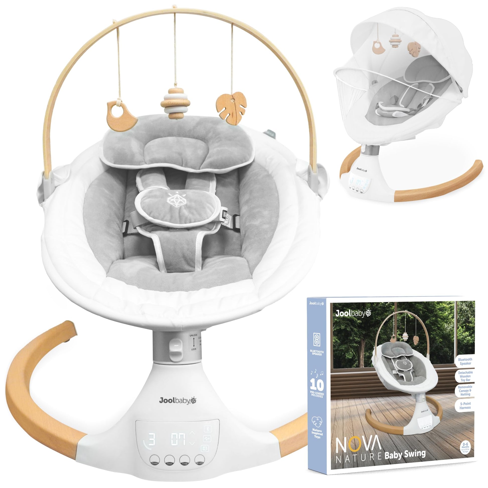 Jool Baby Nova Nature Baby Swing For Newborns - Natural Wood Toys, Electric Motorized Infant Swing, Bluetooth Music