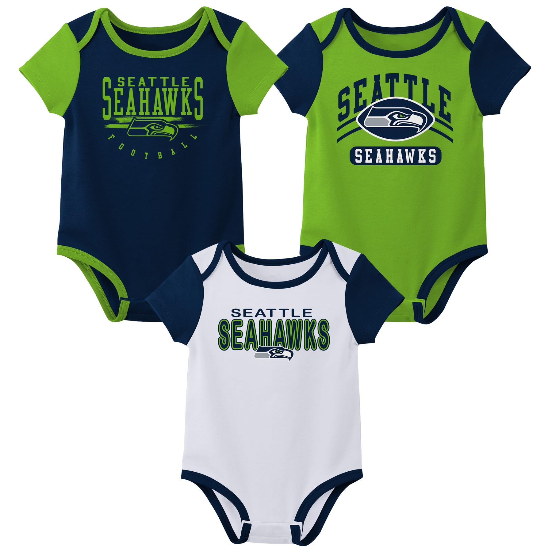 Outerstuff Nfl Newborn Baby And Infant Short Sleeve Bodysuit Variety 3-Pack - Seattle Seahawks, 12M
