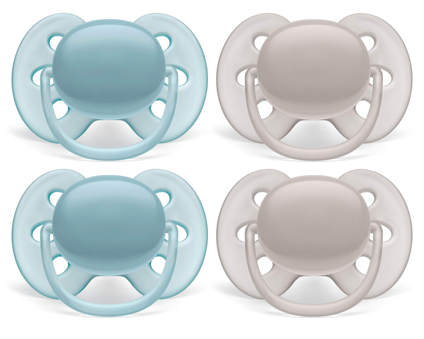 Philips AVENT Ultra Soft Pacifier, 6-18 months, Blue and Grey, 4 Pack, SCF211/40