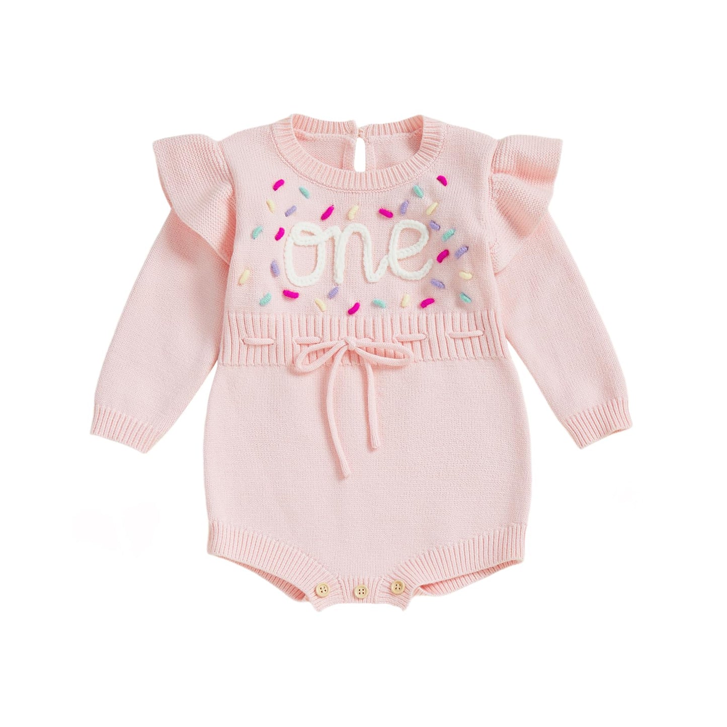 BULINGNA Baby Girl 1st 1/2 Birthday Outfit Long Sleeve Knit Letters Donut Embroidery Romper Sweater Fall Birthday Clothes (One,