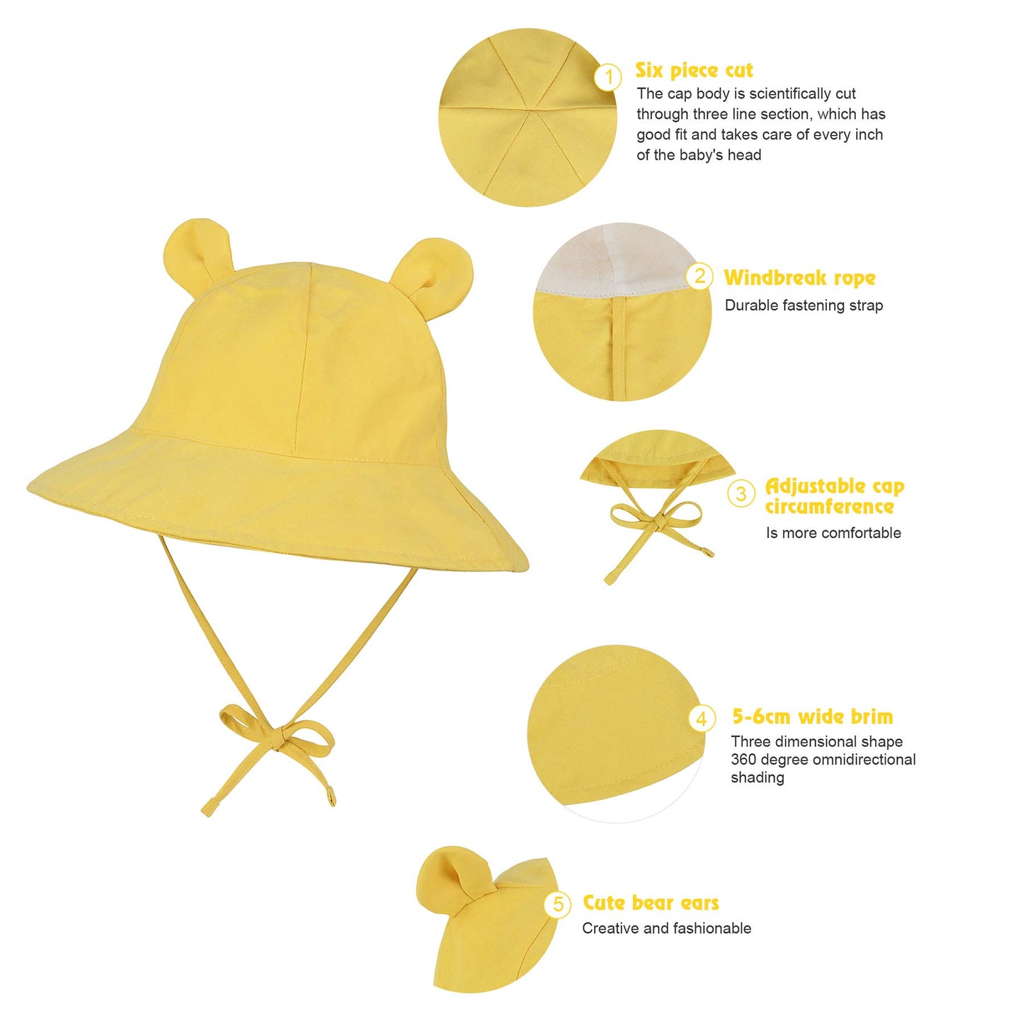 Zando Baby Sun Hat Bucket Hat Wide Brim Beach Caps Toddler Hats For Boys With Bear Ears Infant Summer Hat For Girls Yellow 6-12M