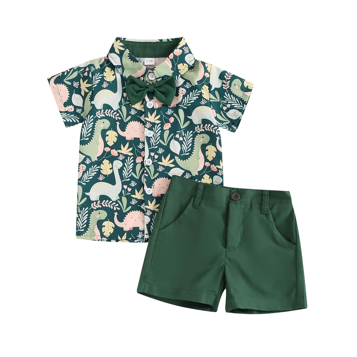 Tsnbre Toddler Baby Boy Clothes Shorts Set Dinosaur Print Shirt Short Sleeve Button Down Top Solid Shorts Summer Outfit (Dinosau