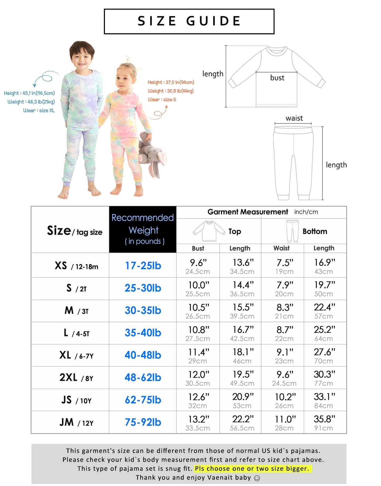Vaenait Baby Kids Junior 100% Cotton Sleepwear Pajamas 2Pcs Set Tiedye-Bluenavy-244 M