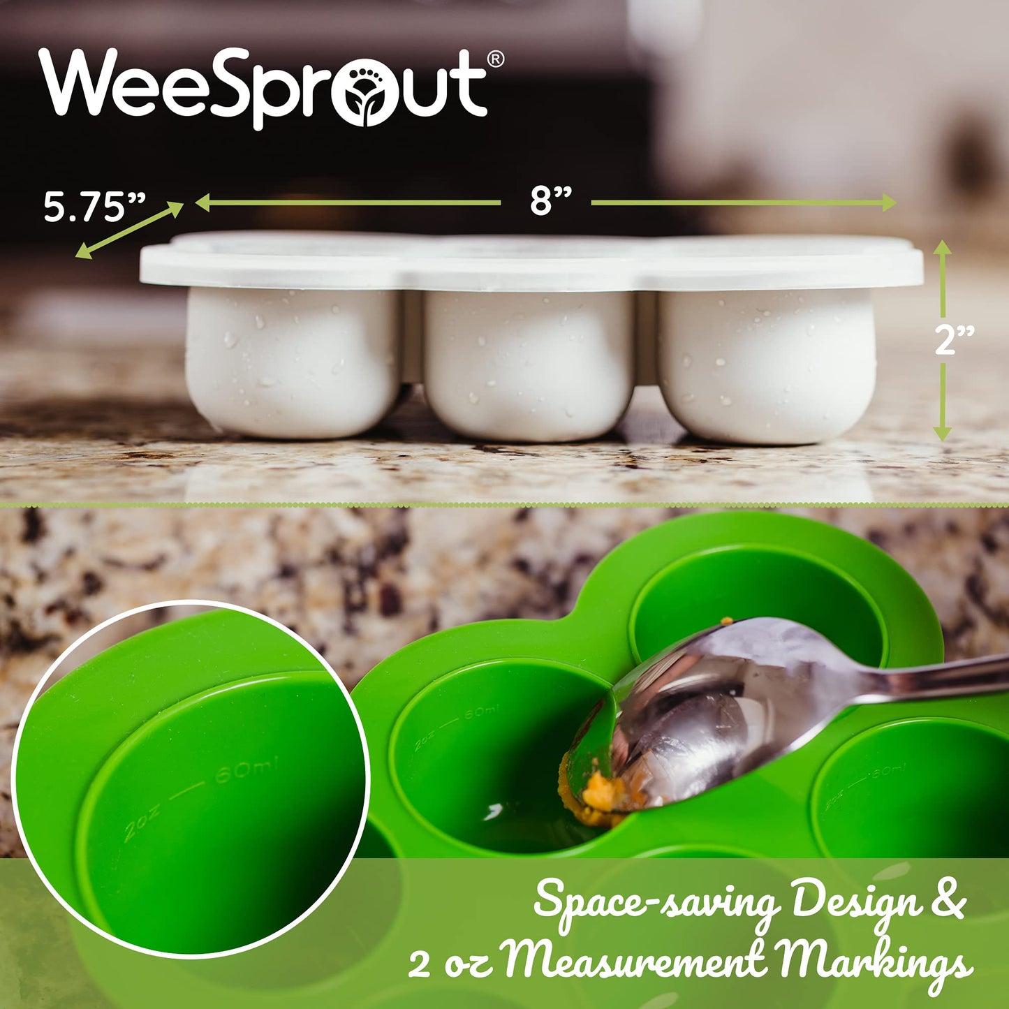 Weesprout Silicone Freezer Tray With Clip On Lid Perfect Food Storage Container For Homemade Baby Food, Vegetable, Fruit Purees,