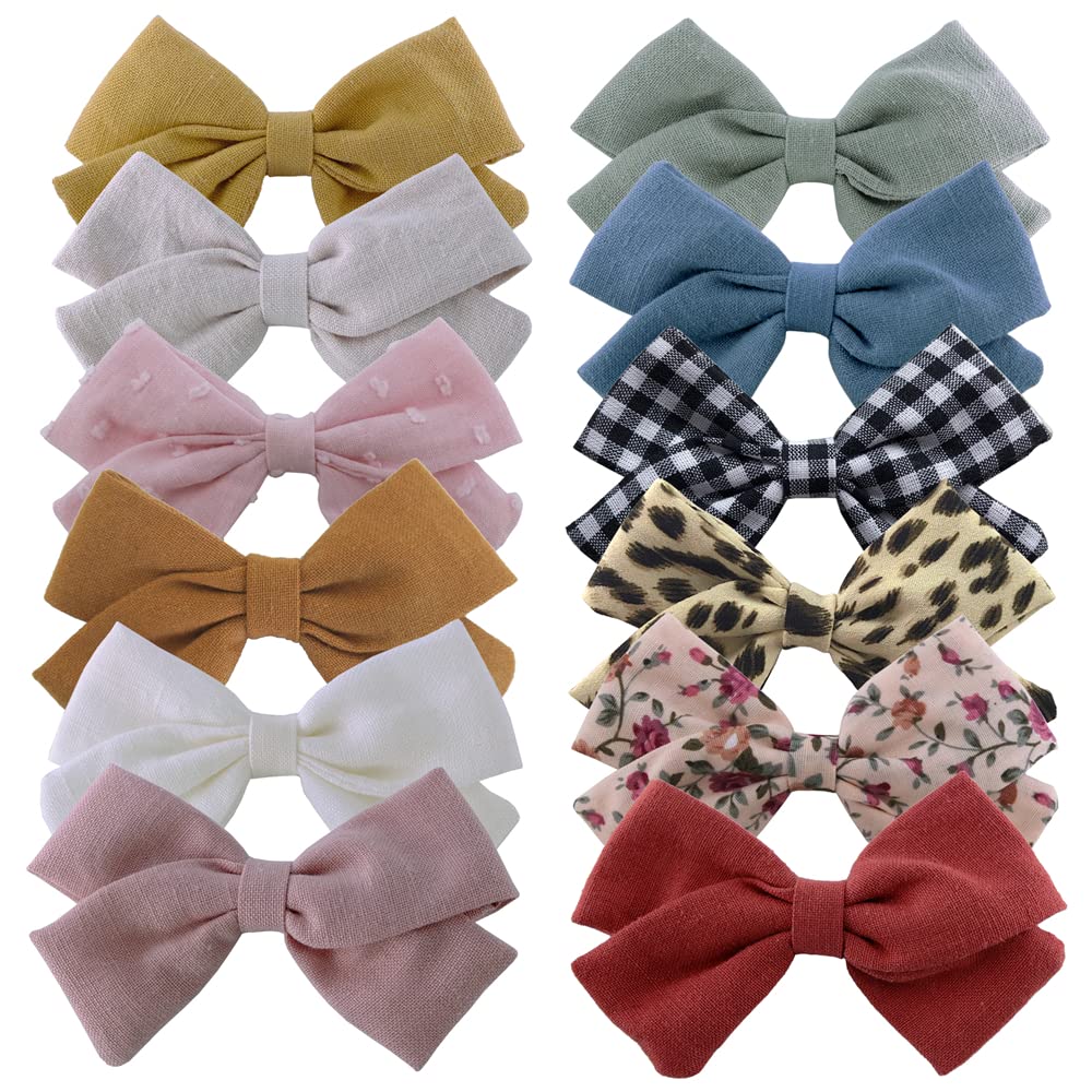 12 PCS Linen Bow Hair Clips for Baby Girls Hair Bows Alligator Clips Accessories Infants Toddler Kids Hairgrips (Classical Bow 3