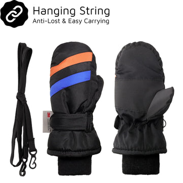 F Flammi Toddler Kids Snow Mittens With String Waterproof Ski Mittens Thinsulate Winter Gloves For Baby Girls Boys(Black,2-4)