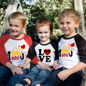 Valentine Shirts Toddler Boys Girls Raglan Long Sleeve Tees Little Kids Excavator I Dig You Tops 7 Years