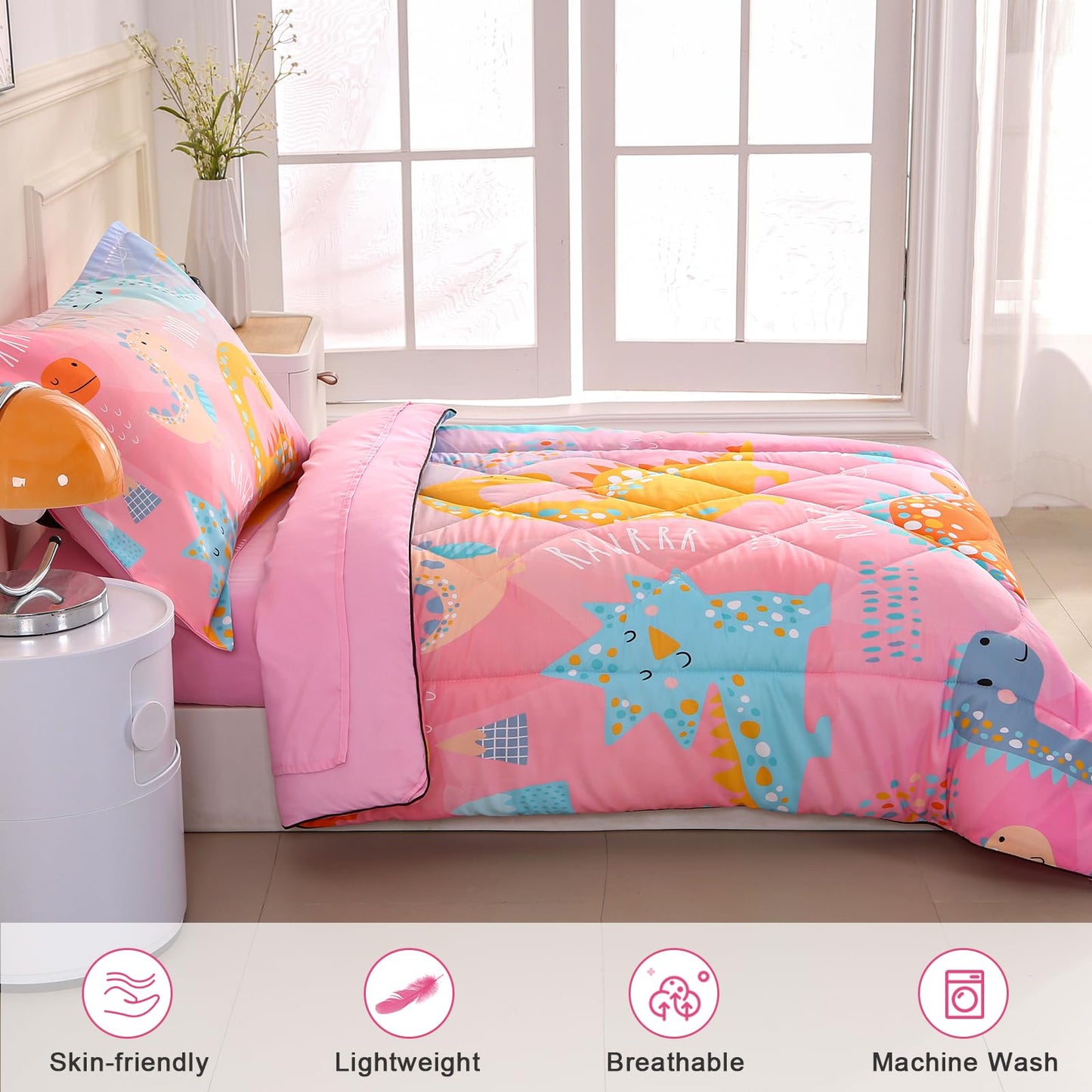 Wowelife Dinosaur Toddler Bedding Set For Girls, Premium 4 Piece Dinosaur Toddler Comforter Bed Set Pink, Super Soft And Comfort