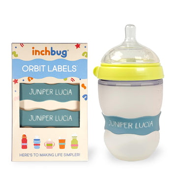 Inchbug Orbit Labels - Baby Bottle Name Labels For Daycare, Sippy Cup Bands - Engraved Silicone, Reusable, Dishwasher Safe, Whit