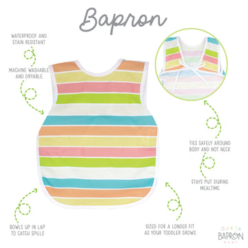 Bapronbaby Rainbow Stripes Bapron - No Neck Tie Safer Bib For Baby & Toddler - Soft Waterproof Stain Resistant - Machine Washabl