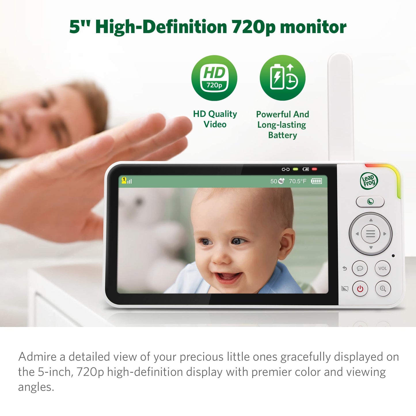 Leapfrog Lf915-2Hd Baby Monitor, 2 Cameras, 5 720P Screen, 360 Pan-Tilt-Zoom, Color Night Vision, Night Light, Two-Way Interc