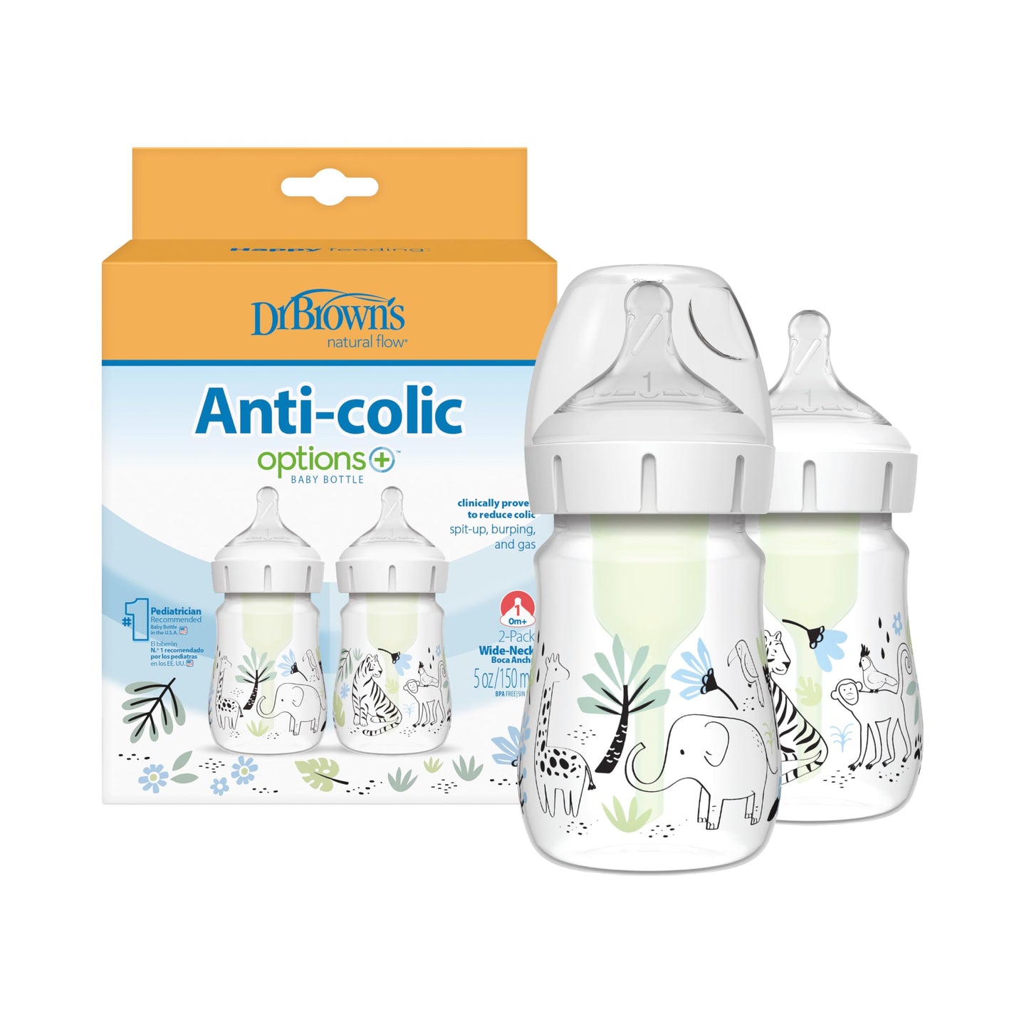 Dr. Browns Natural Flow Anti-Colic Options+ Wide-Neck Baby Bottle, Woodland Design, 5 oz/150 mL, Level 1 Nipple, 2-Pack, 0m+ wit