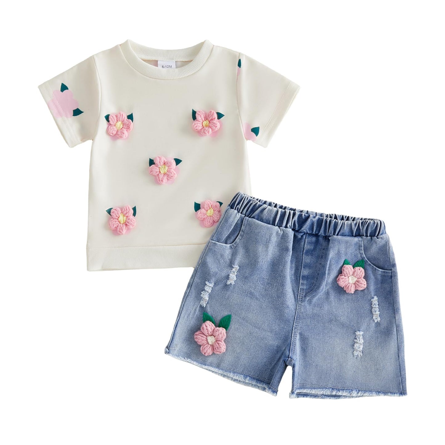 YINGISFITM Toddler Baby Girl Clothes Summer Floral Print Short Sleeve Tee Shirt Jeans Shorts Cute Outfit Girls Clothing Set (Cre