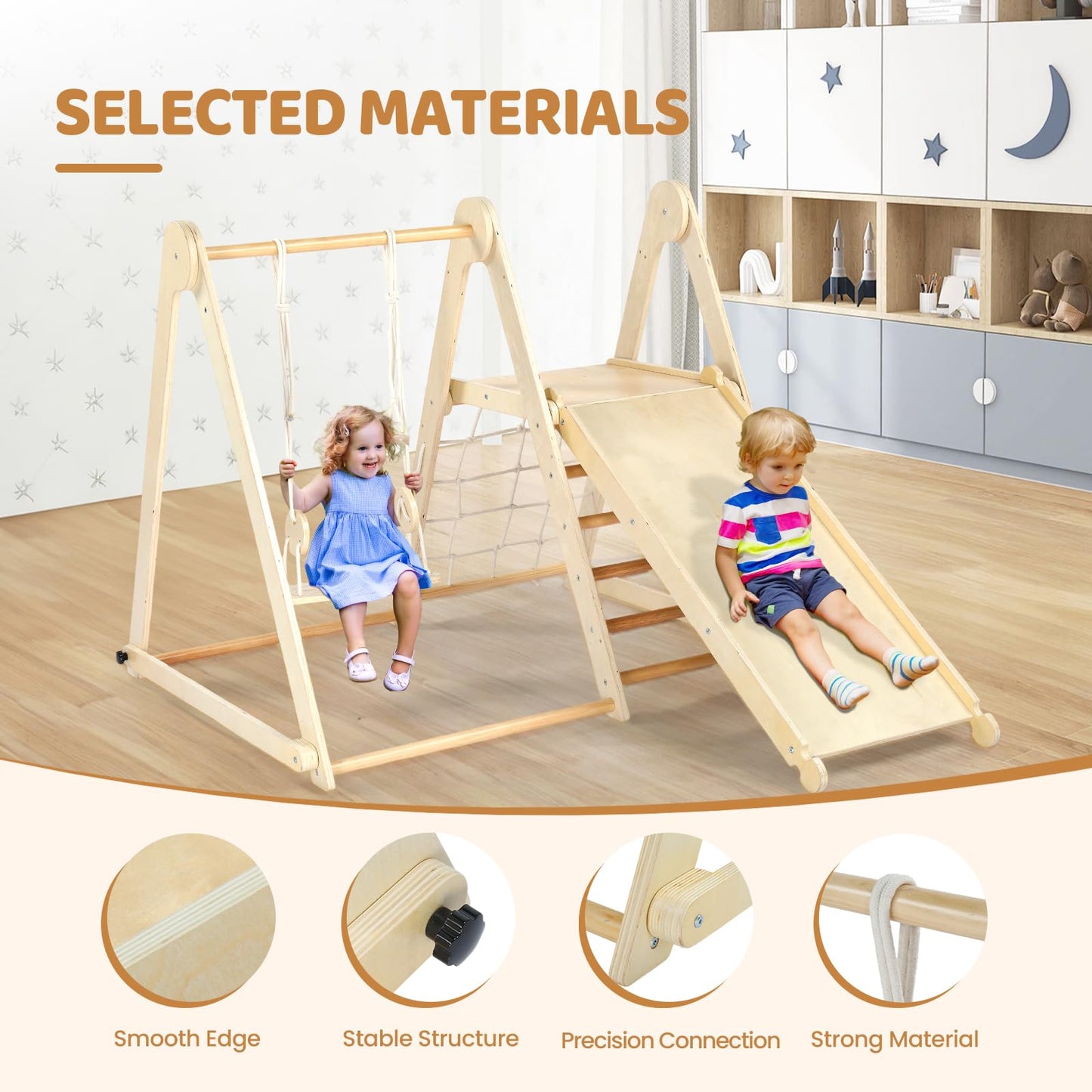 Joymor 7-In-1 Indoor Jungle Gym Foldable Climbing Set With Adjustable Swing & Secret Base Playground, Wooden Indoor Climbing Toy