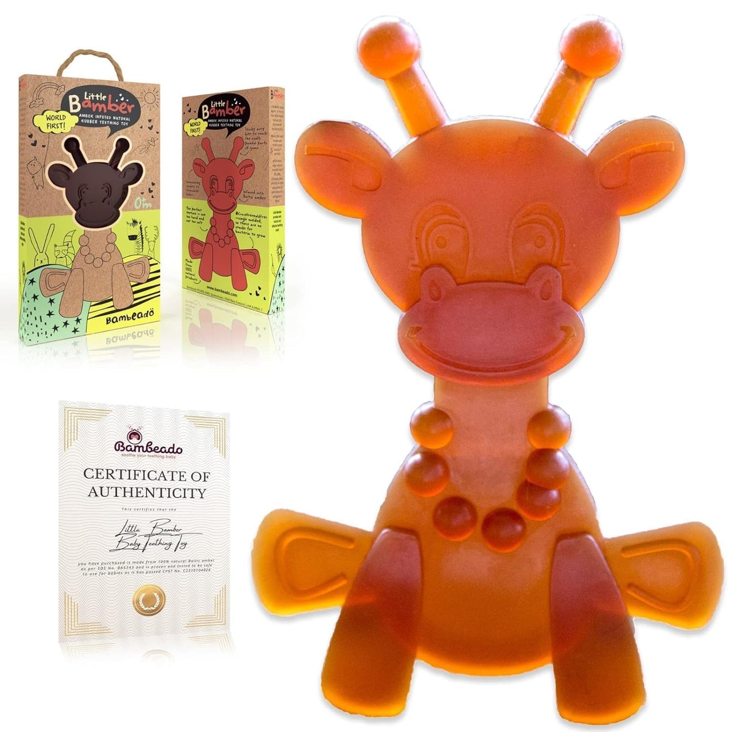 LittleBamber Baby Teething Toy - Natural Rubber Giraffe Teether for Babies 6-12 Months, BPA-Free, Textured Toy for Comfort and O