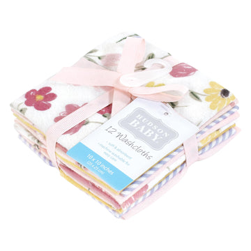 Hudson Baby Unisex Baby Flannel Cotton Washcloths, Soft Painted Floral 12 Pack, One Size