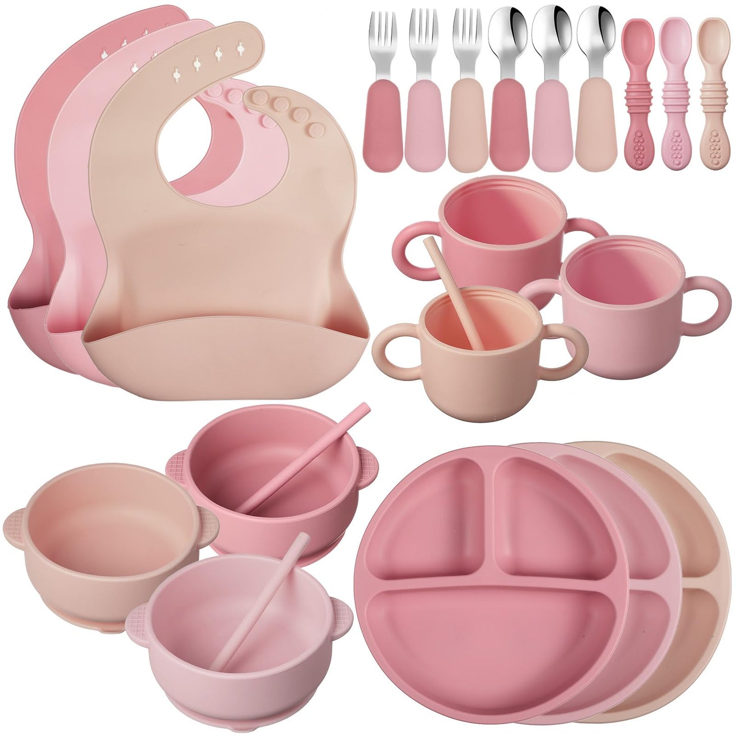 24 Pack Silicone Baby Feeding Set Baby LED Weaning Supplies Includes Suction Divided Plates Soft Bowl Spoons Forks Adjustable Bi