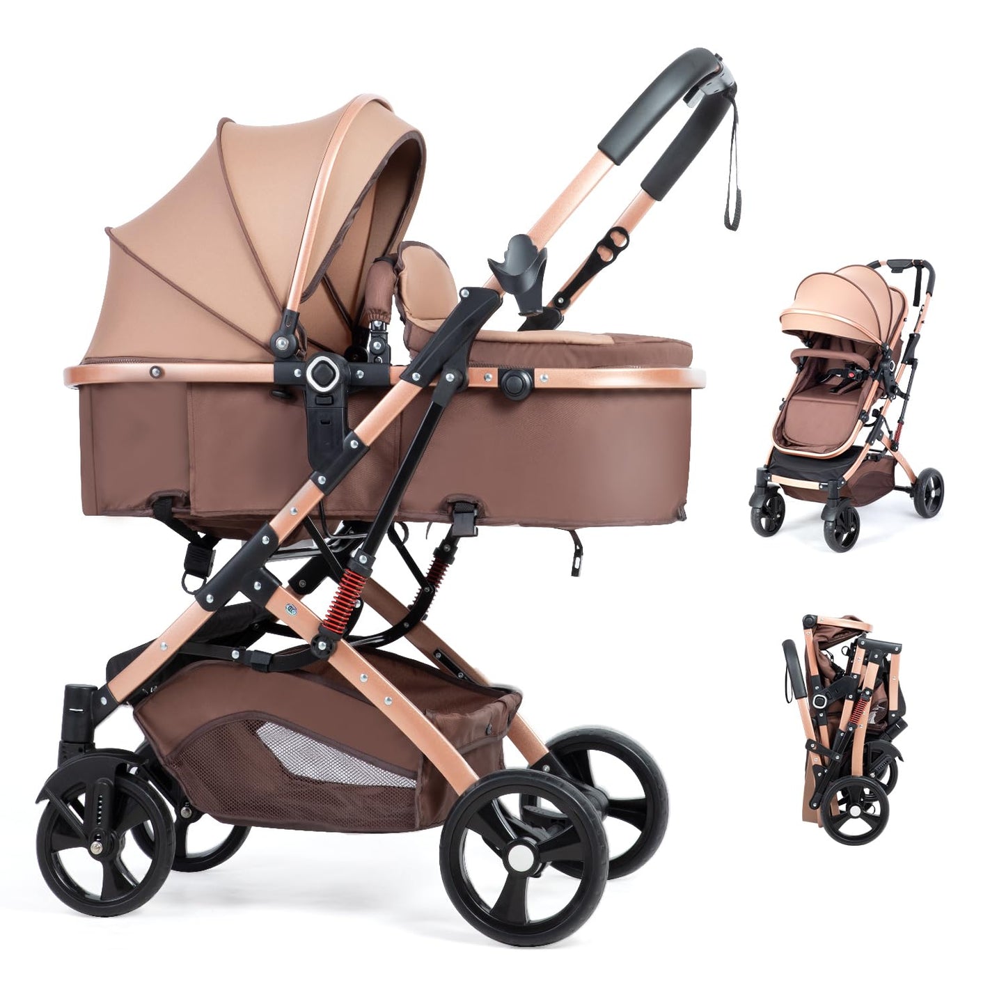 PEARLOVE 2 in 1 Baby Stroller Newborn Foldable Pushchair with Adjustable Canopy Folding High Landscape Infant Carriage, Anti-Sho
