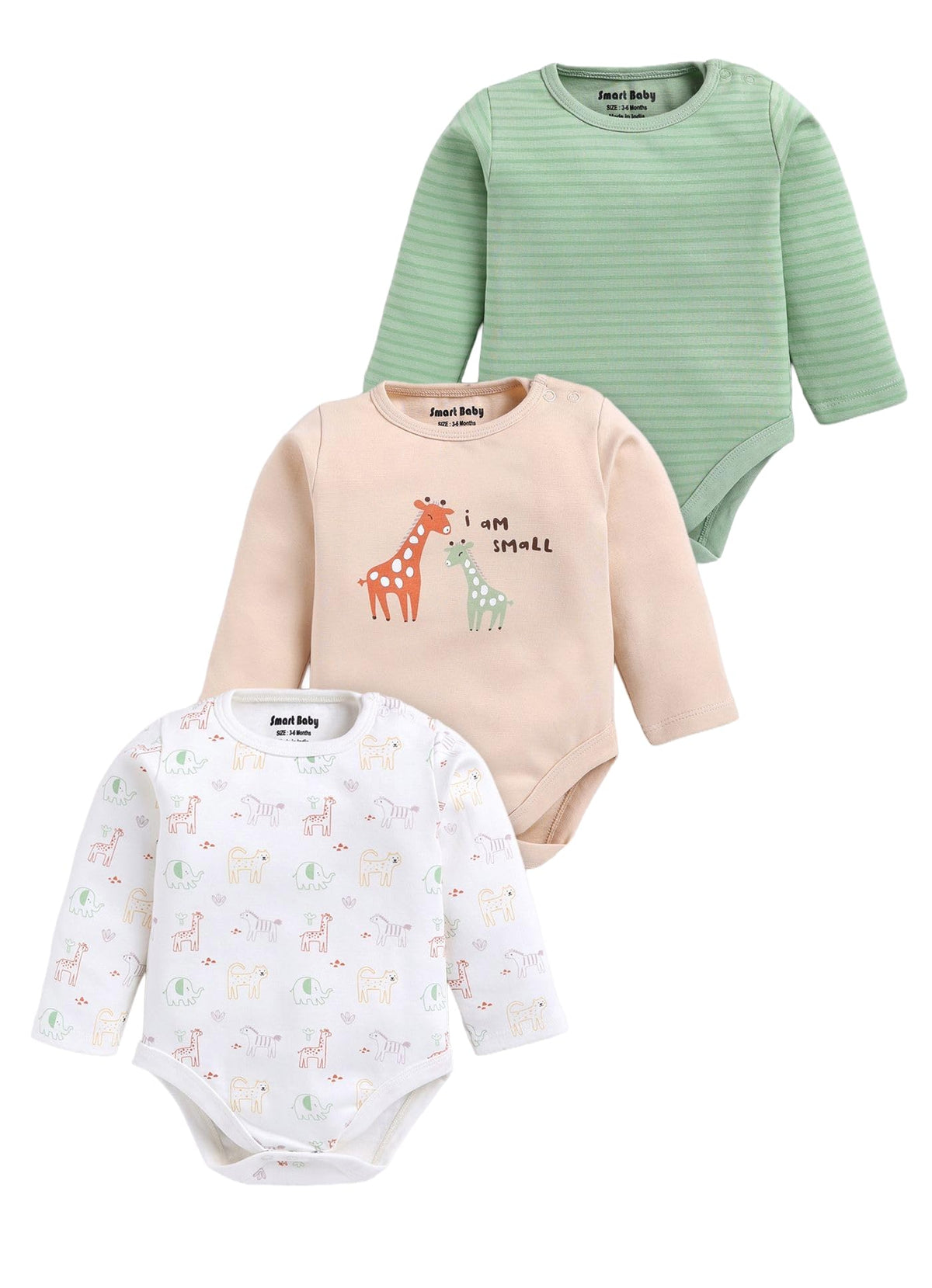 Smart Baby Long Sleeve Printed Bodysuit For Baby Boys & Girls Pack Of 3