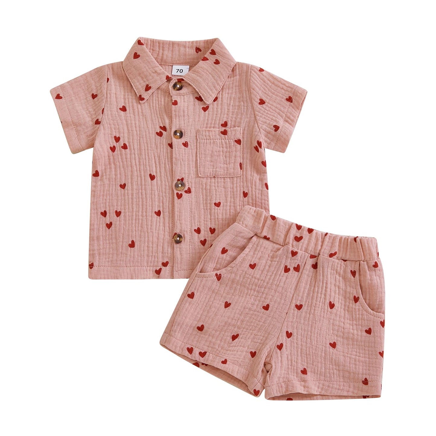 KtwHarnu Toddler Baby Boy Valentines Day Outfit Heart Print Cotton Linen Short Sleeve Button Down Shirt and Shorts Set (Pink, 6-