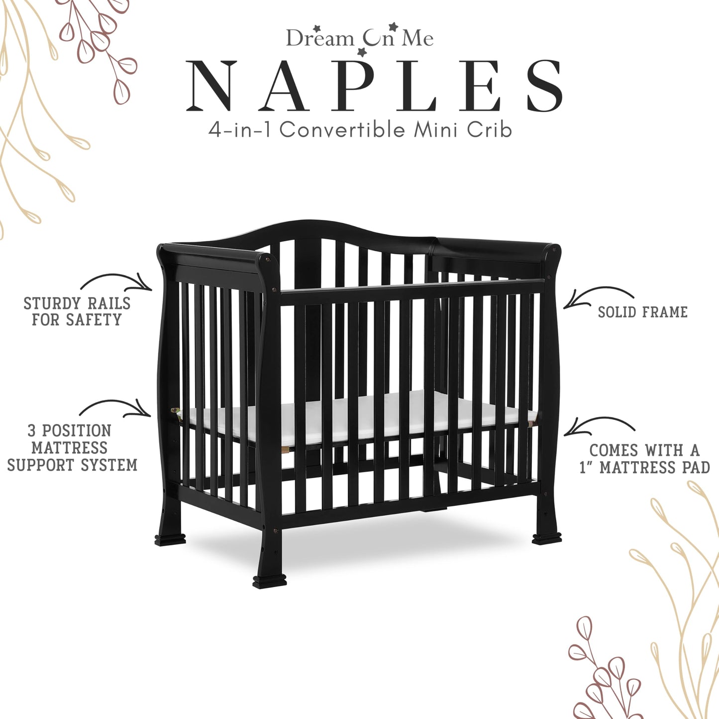 Dream On Me Addison 4-In-1 Convertible Mini Crib In Black, Greenguard Gold Certified, Non-Toxic Finishes, Built Of New Zealand P