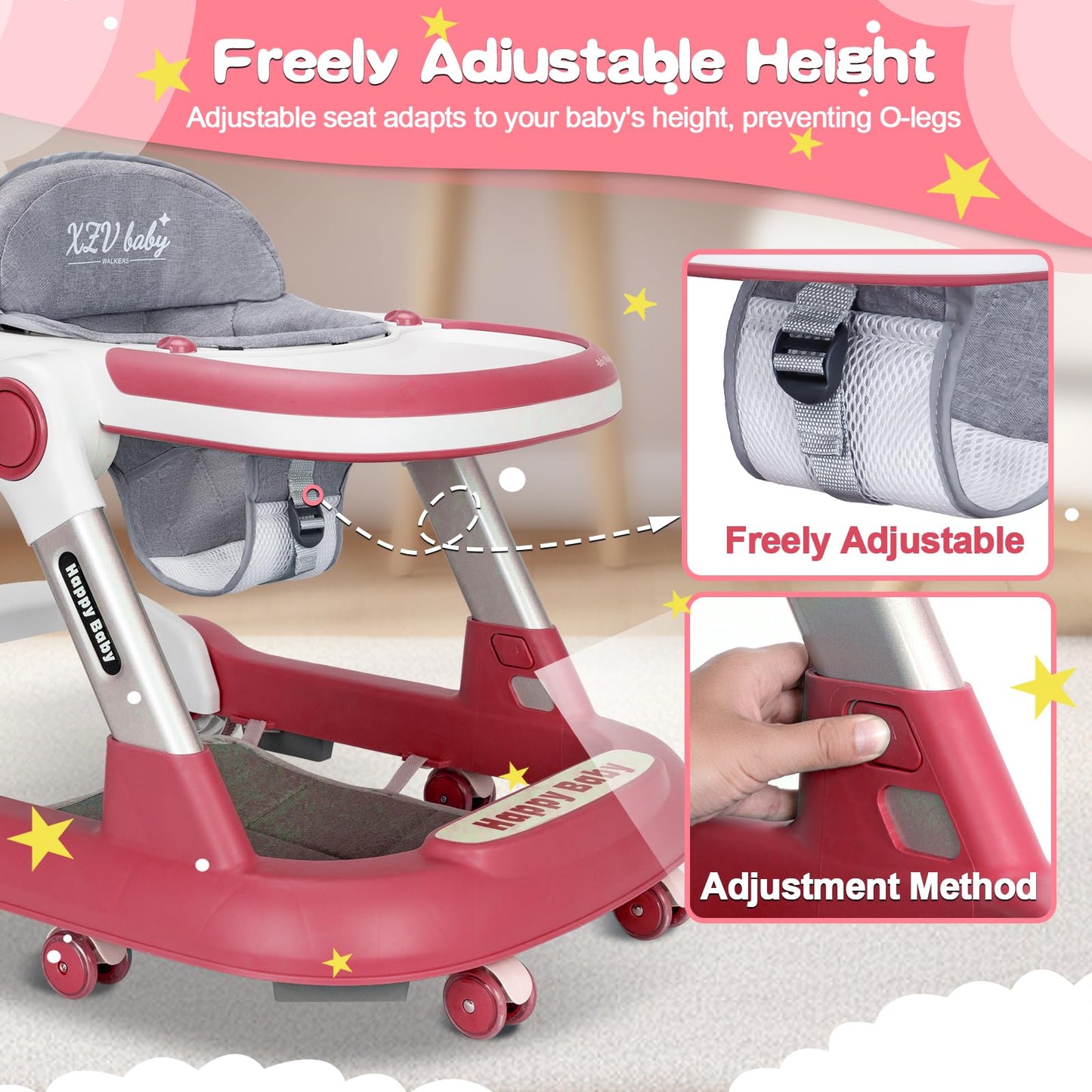Baby Walker With Wheels 5 In 1 Foldable Activity Center With Mute Wheels Adjustable Heights Anti-Fall Push Walkers For Boys Girl