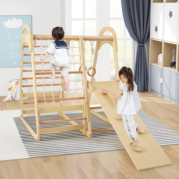 Infans 7 In 1 Kids Indoor Playground, Wooden Montessori Climber Playset With Tent Slide Climbing Rock Climbing Net, Playground J