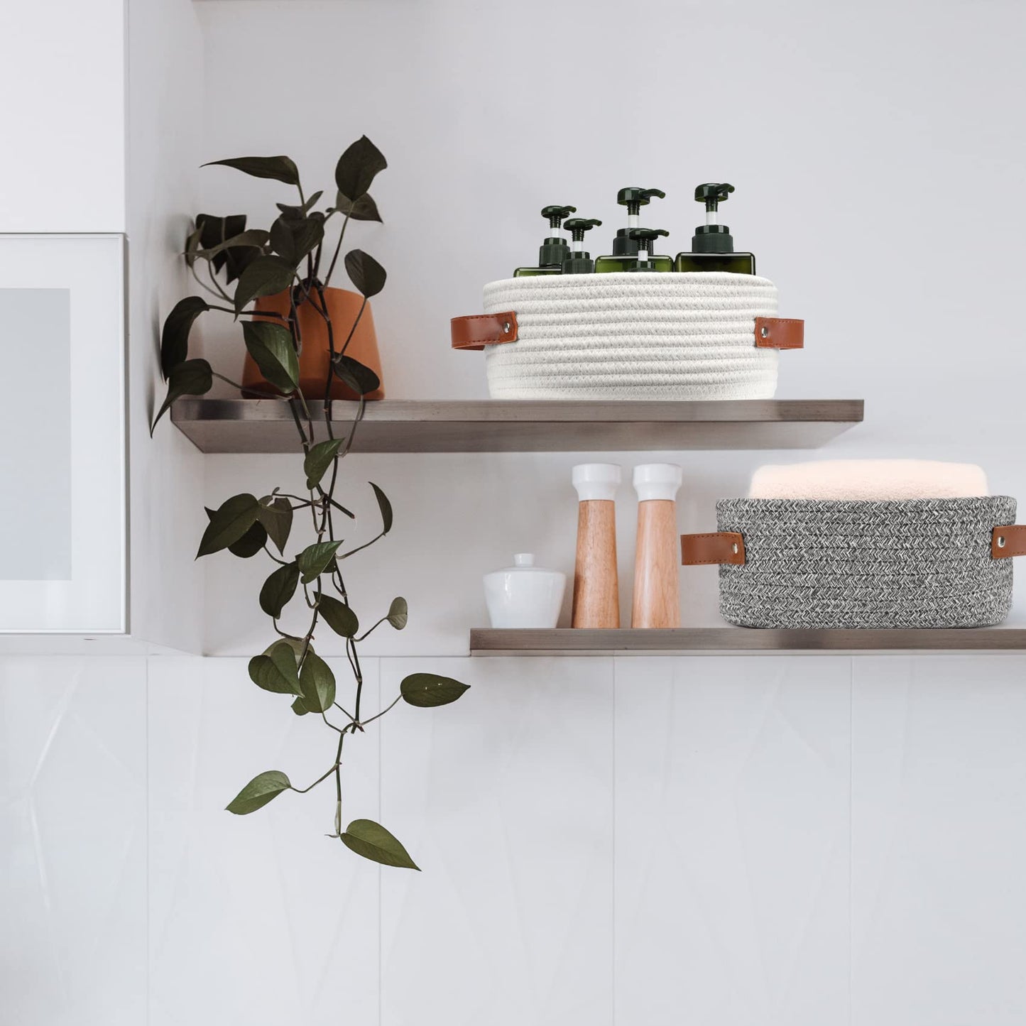 Abenkle Small Woven Basket, Mini Cotton Rope Storage Basket, Tiny White Easter Basket, Shelf Basket, Oval Decorative Toy Dog Cat