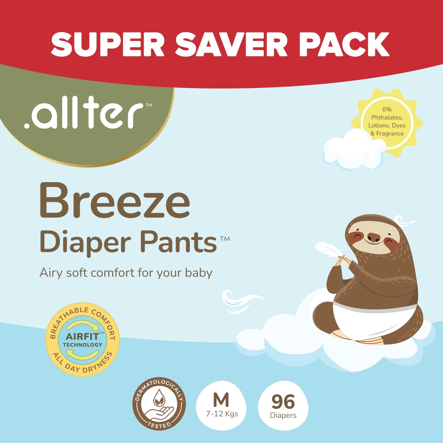 .Allter Breeze Baby Diaper Pants M Size (712 Kgs) | 96 Count, Pack Of 3 | Airfit Technology For Breathable Comfort | Dermat T