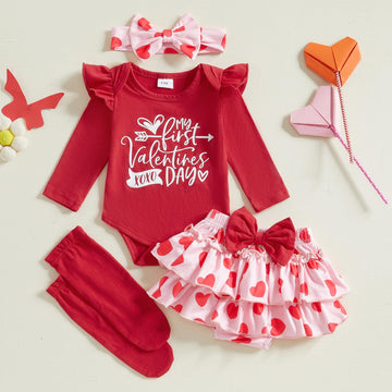 Fybitbo First Valentines Day Baby Girl Outfit Heart Letter Romper Ruffle Tutu Skirt Dress Newborn Infant Girl Clothes Set (Red-M