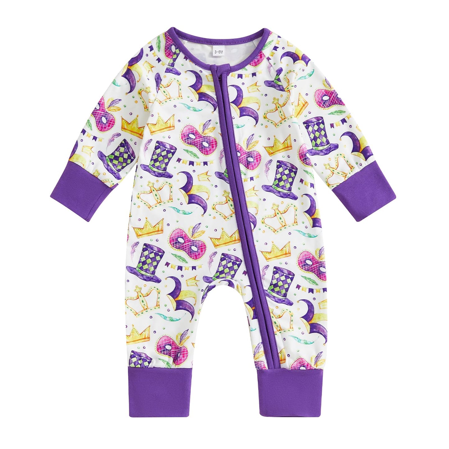 Lamuusaa Newborn Baby Girl Boy Mardi Gras Outfit Long Sleeve Mask Crown Romper Zipper Bodysuit One Piece Jumpsuit (White, 6-12 M