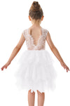 2Bunnies Girl Beaded Peony Lace Back A-Line Tiered Tutu Tulle Flower Girl Dress (White Short Sleeveless, 2T)