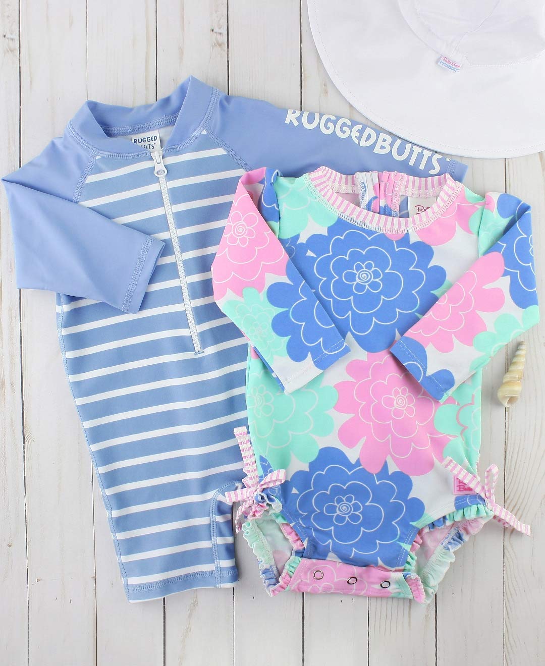 RuffleButts Baby Girls UPF 50+ Sun Protection Floral Printed Long Sleeve One Piece Rash Guard Swimsuit with Zipper - Pastel Peta