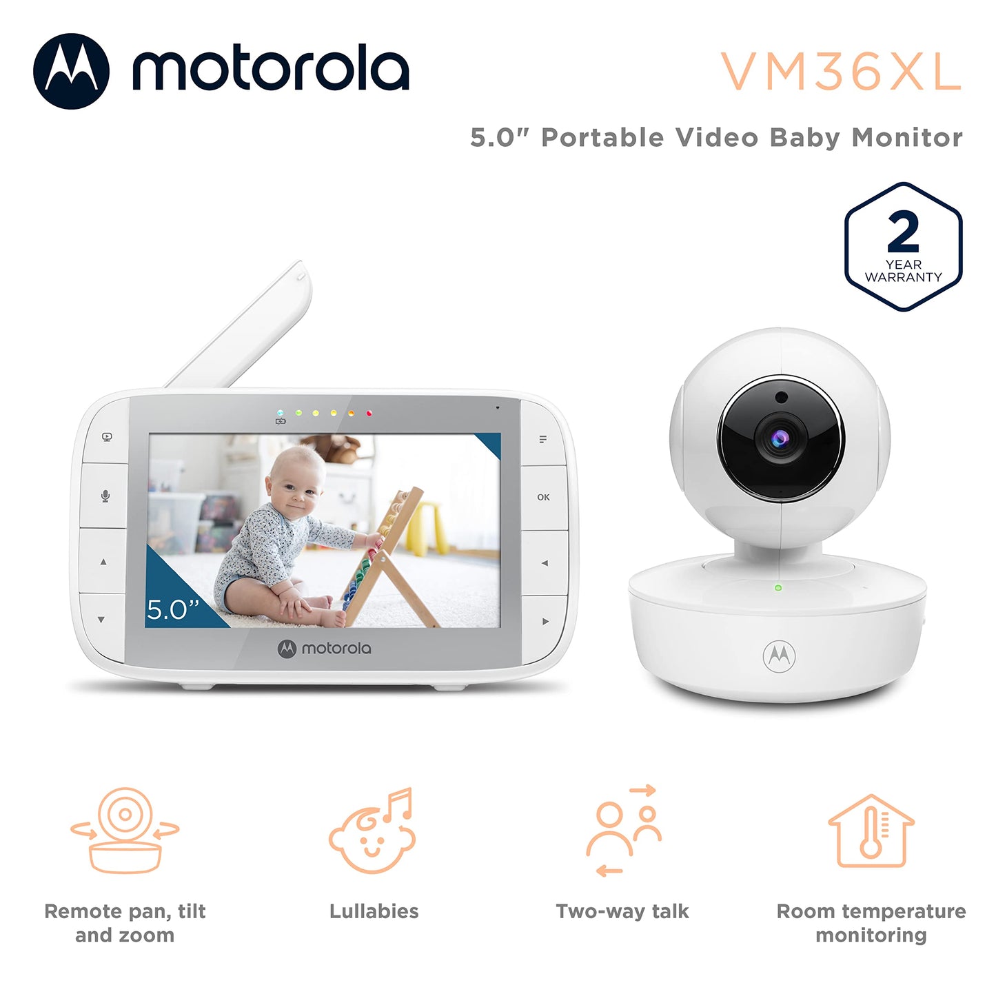 Motorola Baby Monitor Vm36Xl - Indoor Video With Camera, 480X272P, 1000Ft Range, 2.4 Ghz Wireless 5' Screen, 2-Way Audio, Remot
