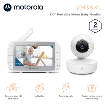 Motorola Baby Monitor Vm36Xl - Indoor Video With Camera, 480X272P, 1000Ft Range, 2.4 Ghz Wireless 5' Screen, 2-Way Audio, Remot