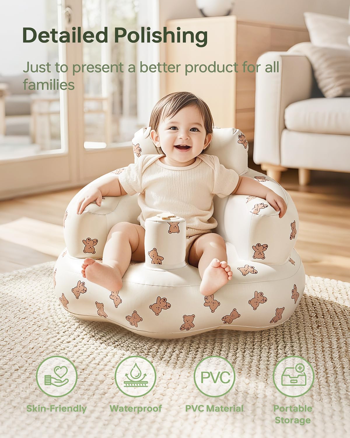 Babygreat Inflatable Baby Seat For 3-36 Months, Portable Blow Up Support Seat With Built-In Air Pump, Learning To Sit & Feeding