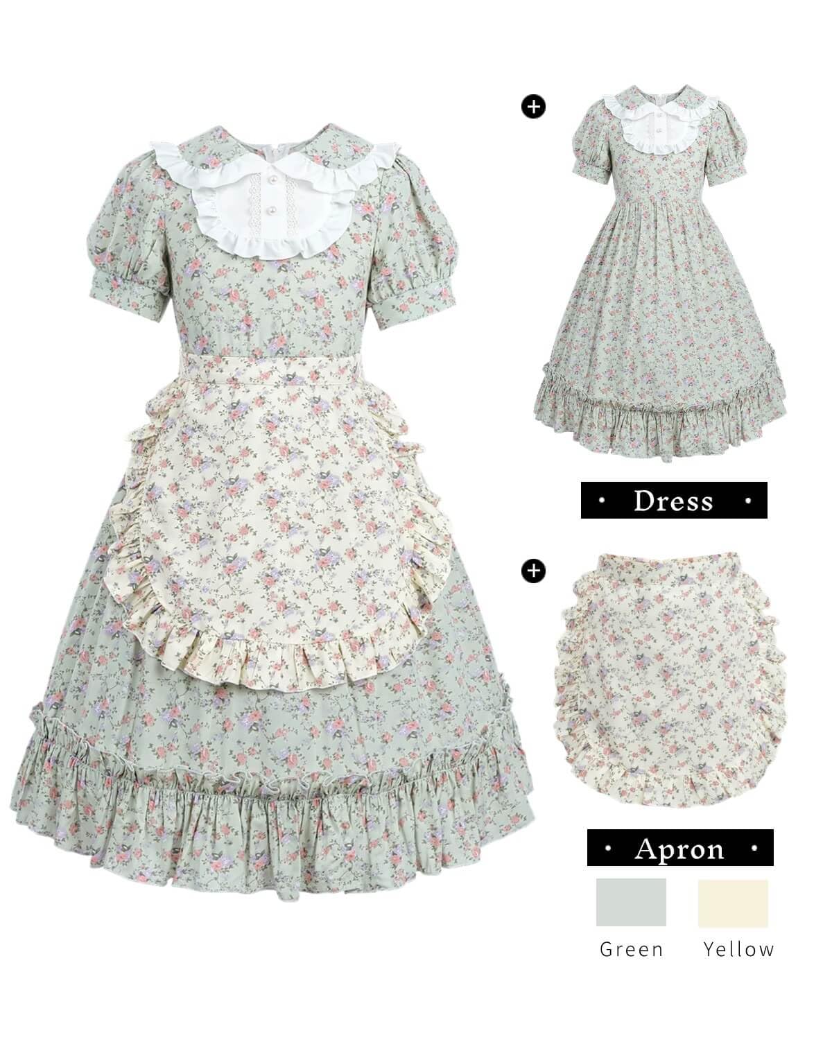 Nuoqi Prairie Dresses For Girls, Green Laura Ingalls Wilder Costume Pioneer Colonial Dress With Yellow Apron, 8-9