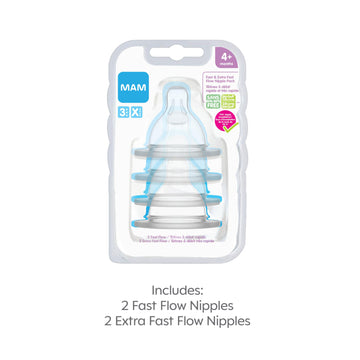 Mam Bottle Nipples Mixed Flow Pack - Fast Flow Nipple Level 3 And Extra Fast Flow Nipple Level 4, For Newborns And Older, Skinso